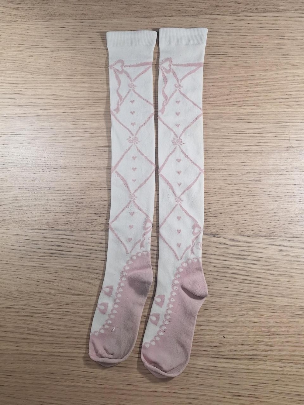 Innocent World Ivory Pink Ballet Ribbon OTK Socks | Classic Lolita